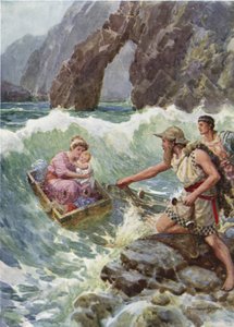Han trak hende og babyen sikkert på en klippekant. Fra hvordan Perseus og hans mor kom til Seriphos (farve litho)