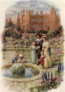 Kong Charles I og dronning Henrietta ved Hampton Court (farve litho) af Howard Davie
