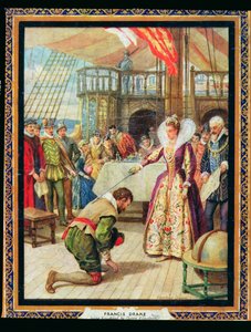 Dronning Elizabeth I (1530-1603) ridder Francis Drake (1540-96), illustration fra 