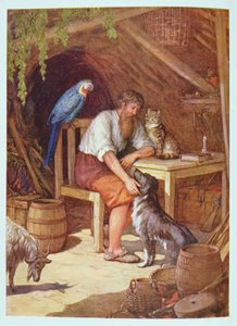 Robinson Crusoe in his Hut, illustration fra 