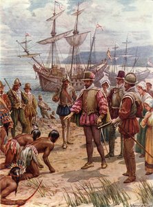 Sir Walter Raleigh lander i Virginia (farve litho) af Howard Davie