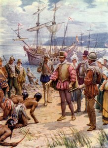 Sir Walter Raleigh, lander i Virginia (farve litho) af Howard Davie