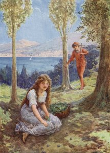 "Pludselig stoppede han og stirrede henrykt" fra "Filadoro" (farve litho) af Howard Davie