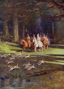 Hele selskabet drager ud i skoven (farve litho) af Howard Davie
