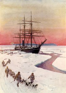 Aflæsning af "Terra Nova" i McMurdo Sound (farve litho) af Howard Davie