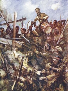 Trommeslager Walter Ritchie står på fjendens brystværn for at lyde angrebet under kraftig maskingeværild og bombeangreb, Beaumont Hamel, Frankrig, 1. juli 1916