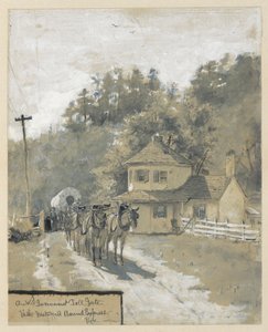 En gammel regeringsafgift med Westward Bound Express, tegning af en illustration til artiklen af Howard Pyle