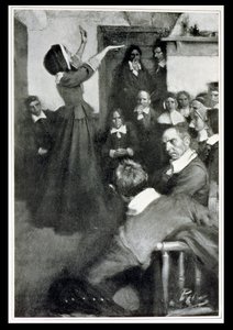 Anne Hutchinson prædiker i sit hus i Boston, 1637, illustration fra 