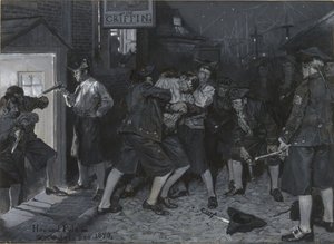 Ved Griffens skilt, tegning til en illustration til artiklen «Gamle kaffehuse i New York» af John Austin Stevens af Howard Pyle