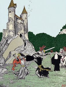 Kamp mellem kong Arthur (Artus) og den sorte ridder i nærværelse af den fortryllende Merlin. Illustration af Howard Pyle (1853 - 1911), amerikansk illustrator af Howard Pyle