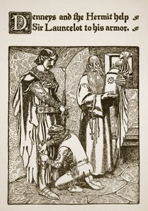 Denneys og Eremitten hjælper Sir Launcelot til hans rustning, illustration fra 