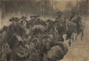 Fem rødklædte soldater til hest og en anden, der var tildækket til øjnene ... omkring dem en broget skare af fattige mennesker, unge og gamle. af Howard Pyle