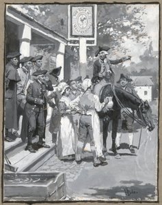 Han stopper ved vejrhanens tegn, tegning af illustrationen til digtet af Howard Pyle