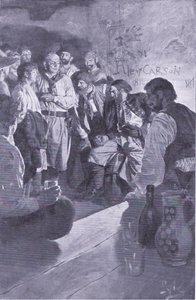Han førte Jack op til manden, der sad på tønden, fra Howard Pyles Book of Pirates udgivet af Harper & Bros, 1921 af Howard Pyle