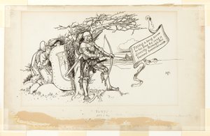 Illustration til The Accommodating Circumstance, II; Han satte en lang pil til sin bue og sendte den direkte gennem den forreste rytter af Howard Pyle