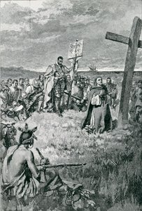 Jacques Cartier (1491-1557) Opsætning af et kors ved Gaspe, illustration fra 