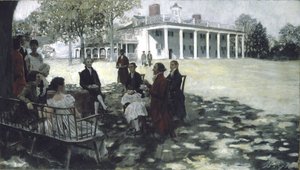 Martha og George Washington underholder deres venner på græsplænen ved Mount Vernon, 1898 (olie og grisaille på lærred) af Howard Pyle