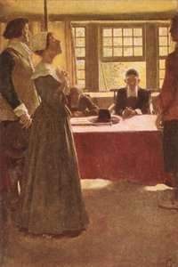 Mary Dyer bragt for guvernør Endicott, illustration fra "The Hanging of Mary Dyer" af Basil King, udgivet i McClure