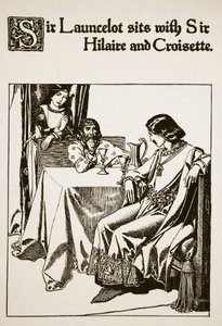 Sir Launcelot sidder sammen med Sir Hilaire og Croisette, illustration fra 