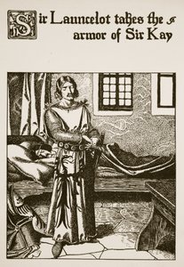 Sir Launcelot tager rustningen fra Sir Kay, illustration fra 