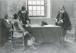 Sir William Berkeley overgiver sig til Commonwealths kommissærer, illustration fra 