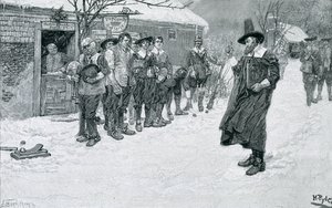 Den puritanske guvernør afbryder julesporten, indgraveret af J. Bernstrom, illustration fra 