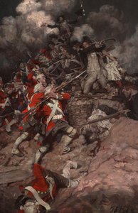De klatrede op ad brystværnet og kastede sig over toppen, pell mell, på briterne. af Howard Pyle