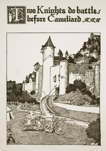 To riddere i kamp foran Cameliard, illustration fra "The Story of King Arthur and his Knights", 1903 af Howard Pyle