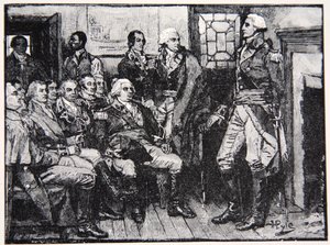 Washington og hans generaler i samråd, 15. marts 1783, illustration fra Harper