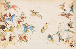 Et slag mellem Crow- og Cheyenne-stammerne, 1874-75 (pen, blæk og wc på hovedbogspapir)