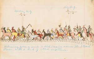 På vej tilbage fra et togt til det gamle Mexico over de afmærkede sletter med en flok kvæg, 1874-75 (pen, blæk og wc på hovedbogspapir)