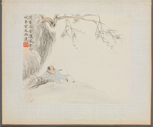 Album med landskabsmalerier, der illustrerer gamle digte: En mand læner sig tilbage..., 1700-tallet. af Hua Yan