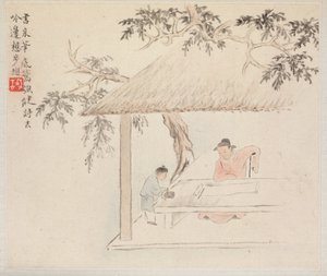 Album med landskabsmalerier, der illustrerer gamle digte: En mand sidder ved et bord før en åben rulle; en dreng blander blæk af Hua Yan