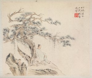 Album med landskabsmalerier, der illustrerer gamle digte: En gammel mand sidder under et fyrretræ..., 1700-tallet. af Hua Yan