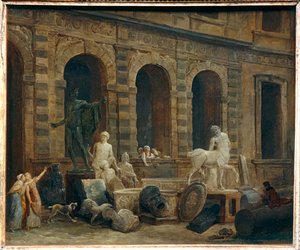 Tegneren af antikviteter foran Louvres Petite Galerie ... af Hubert (circle of) Robert
