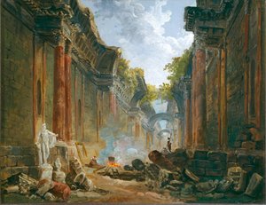 Vue imaginaire de la Grande Galerie en ruine - Imaginær udsigt over det store galleri i ruiner ...