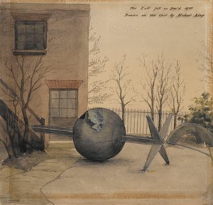 Nedfalden tidskugle i gården ved Royal Observatory, Greenwich, december 1855 (akvarel) af Hubert Airy