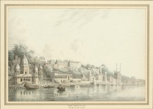 Benares ved floden Ganges (blyant, pen og blæk og w/c på papir) af Hubert Cornish