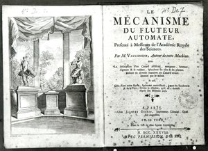 Automater, illustration af frontispicen fra "Le Mecanisme du fluteur automate" af Jacques de Vaucanson, graveret af Francois Vivares (1709-80) 1738