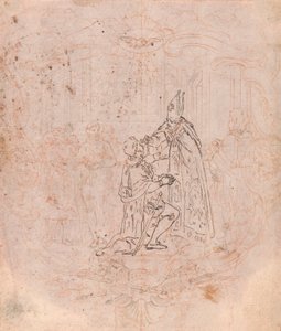 Design til en frontispice: En biskop, der tildeler en ære, scene i en kartouche af Hubert Francois Gravelot