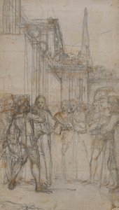 Litterær illustration: Mand med sværd konfronterer en gruppe af figurer før bygning af Hubert Francois Gravelot