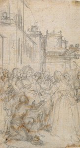 Litterær illustration med en gruppe af figurer, der bønfalder mennesket af Hubert Francois Gravelot
