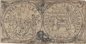 Prydmedaljoner med tilbedelse af magi og to bibliofiler af Hubert Francois Gravelot