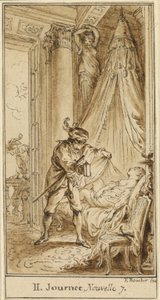 Anden dag, syvende historie: Hertugen af Athen overvejer den sovende prinsesse Alatiel af Hubert François Gravelot after François Boucher