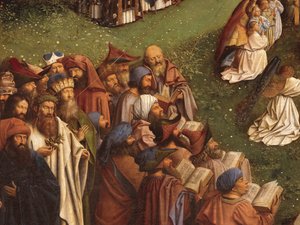 Detalje af tilbedelsen af det mystiske lam, fra midterpanelet på Gent-altertavlen (olie på panel) af Hubert & Jan van (1390 1441) Eyck
