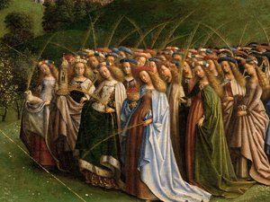 Tilbedelsen af det mystiske lam, fra Gent-altertavlen, detalje af den nederste halvdel af midterpanelet
