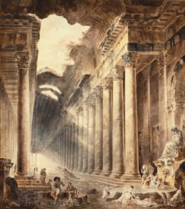En termisk bygning med søjler, taget delvist åbent mod himlen, med piger, der vasker tøj ved et springvand under en statue, af Hubert Robert