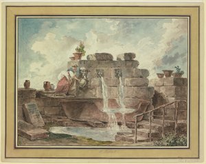 Et romersk springvand med en kvinde, der henter vand af Hubert Robert