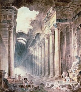 En termisk bygning med søjler, taget delvist åbent mod himlen, med piger, der vasker tøj (akvarel, blyant, blæk) af Hubert Robert