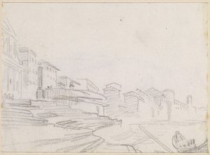 Bygninger langs en flodbred [verso] af Hubert Robert